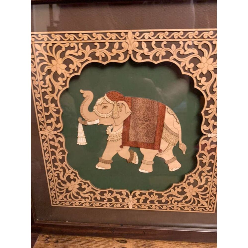 The Bombay Store Elephant Laser Cut Engraved Wood Layered 12 x 12 Framed Art EUC
